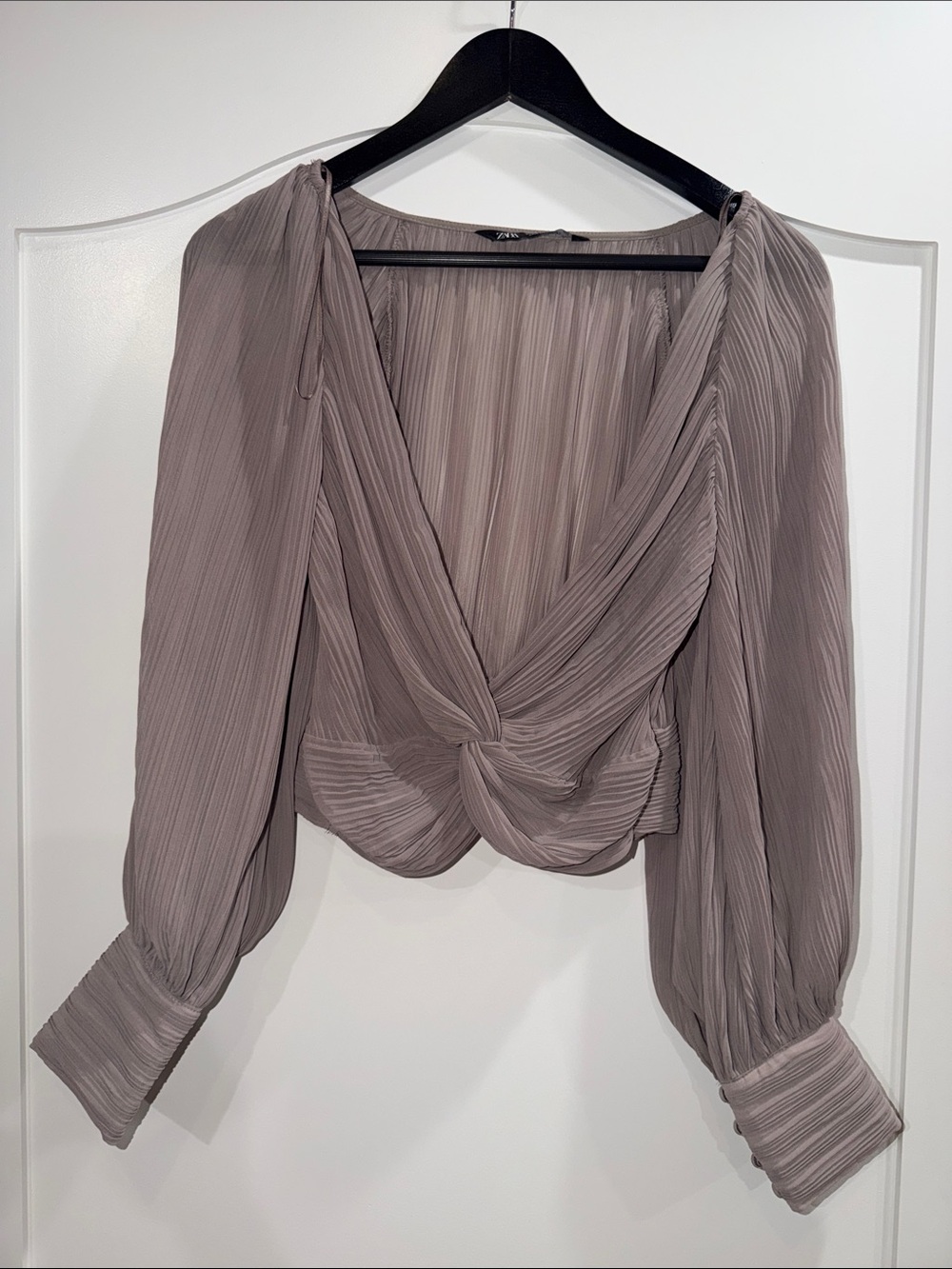 Zara Taupe Pleated Twist-Front Long Sleeve Blouse